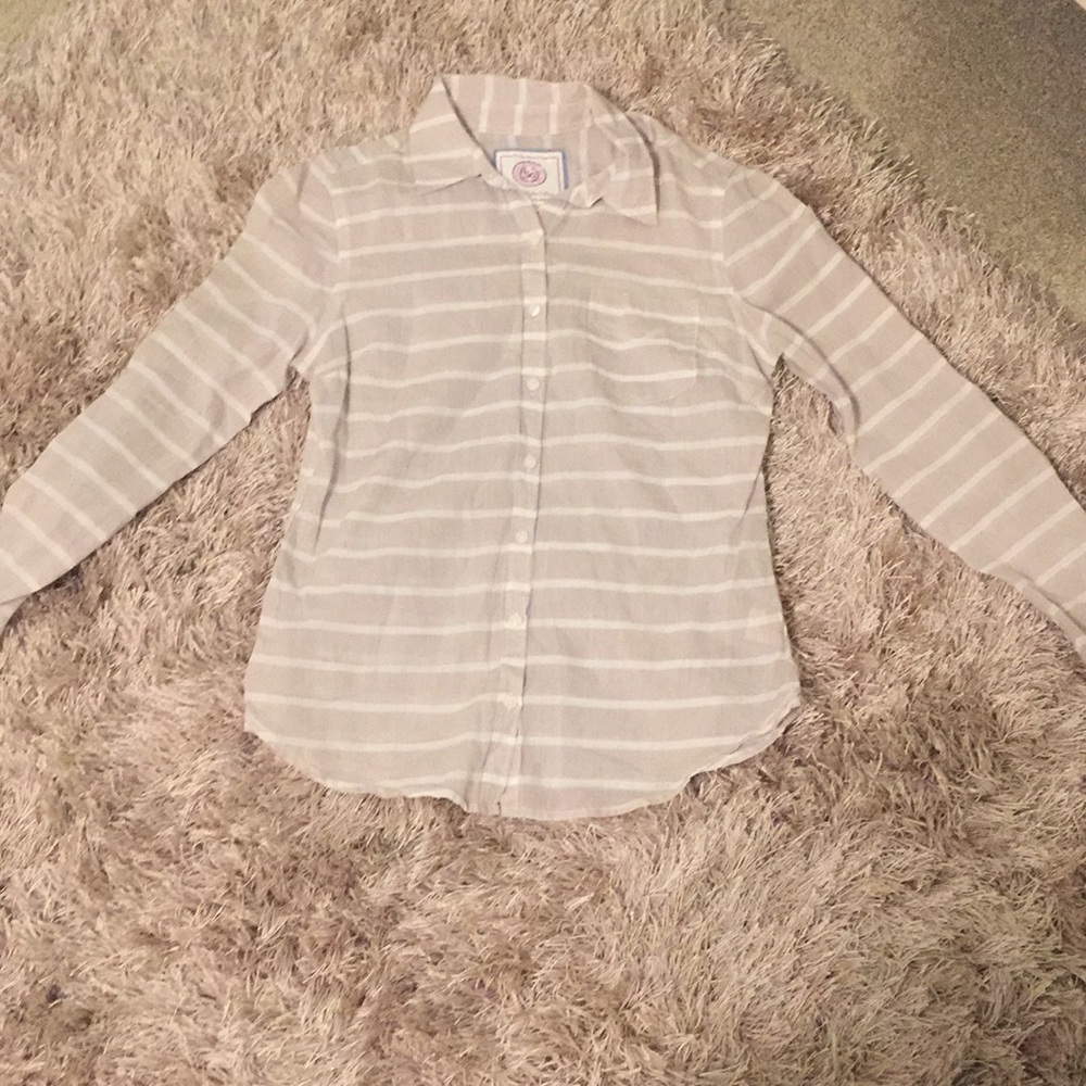 Tan/Cream and white button down shirt.